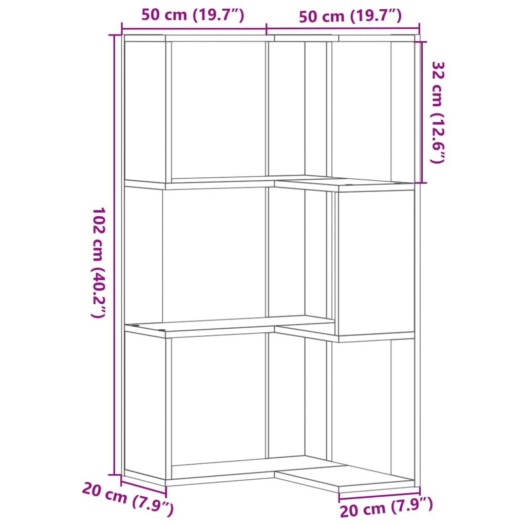 Eck-Bücherregal 3 Böden Betongrau 50x50x102 cm Holzwerkstoff
