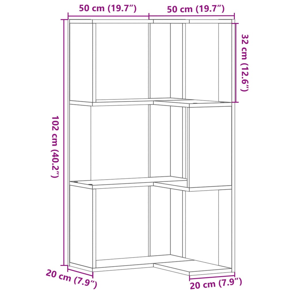 Eck-Bücherregal 3 Böden Räuchereiche 50x50x102 cm Holzwerkstoff