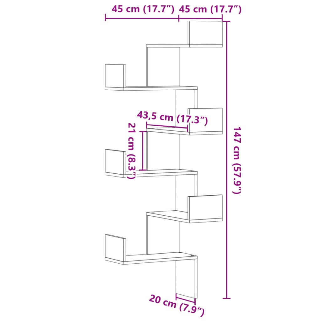 Wand-Eckregal Altholz-Optik 45x45x147 cm Holzwerkstoff