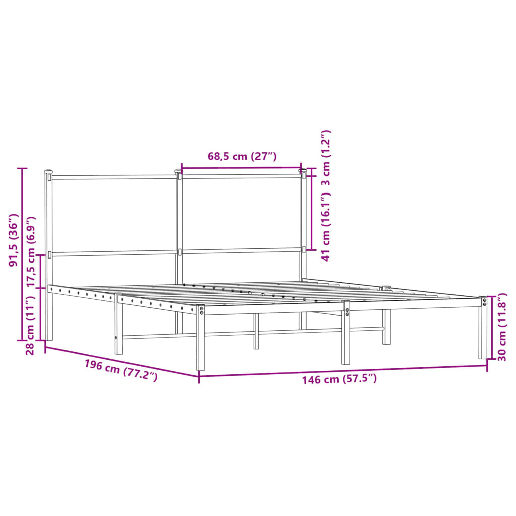Metallbett ohne Matratze Sonoma-Eiche 140x190 cm