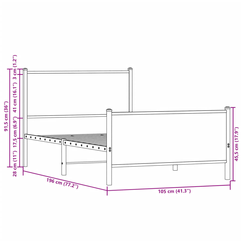Metallbett ohne Matratze Sonoma-Eiche 100x190 cm