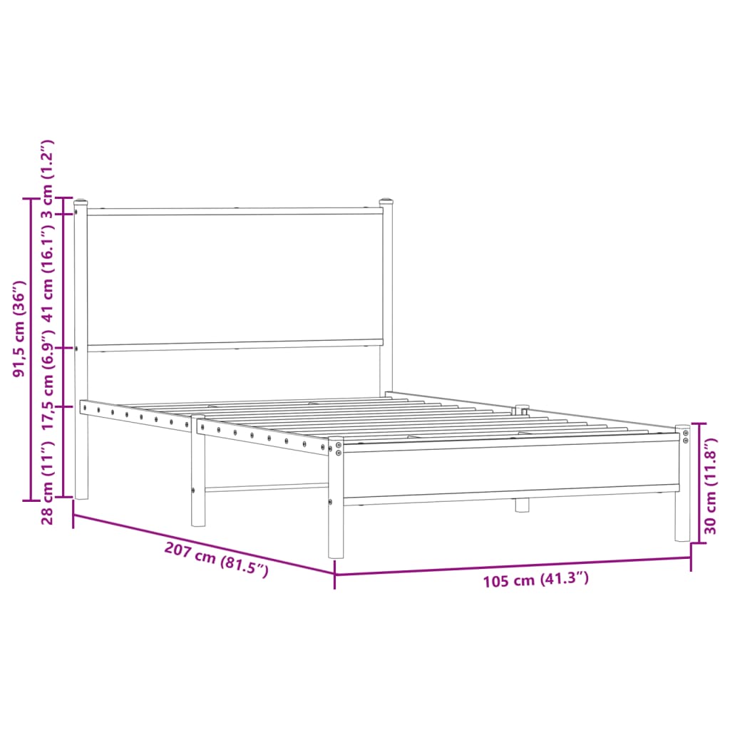 Metallbett ohne Matratze Sonoma-Eiche 100x200 cm