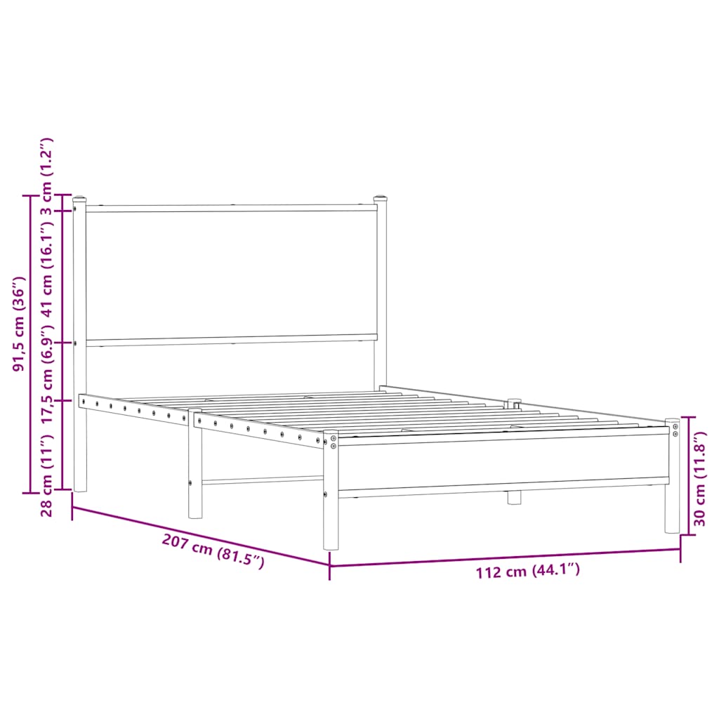 Metallbett ohne Matratze Sonoma-Eiche 107x203 cm