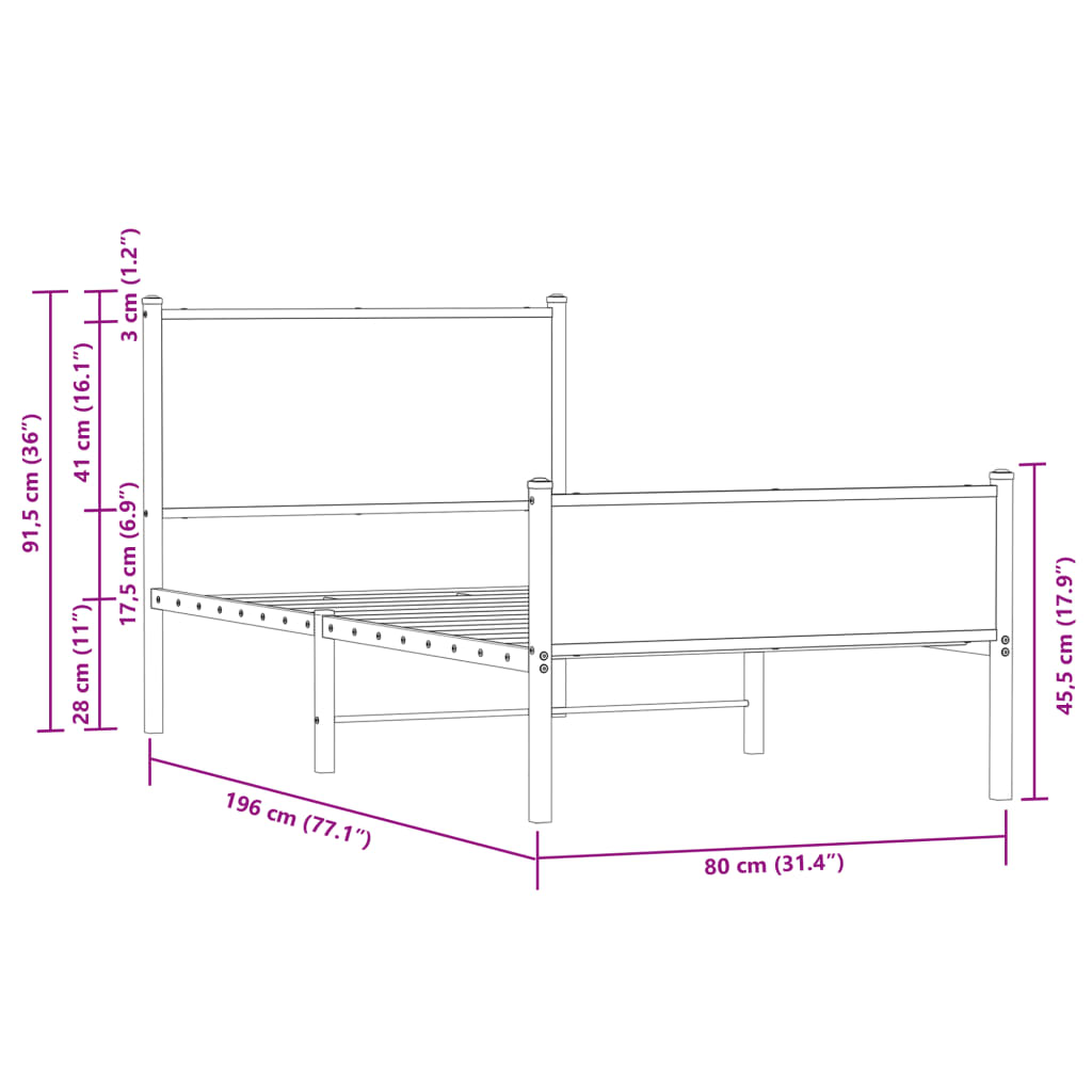 Metallbett ohne Matratze Sonoma-Eiche 75x190 cm