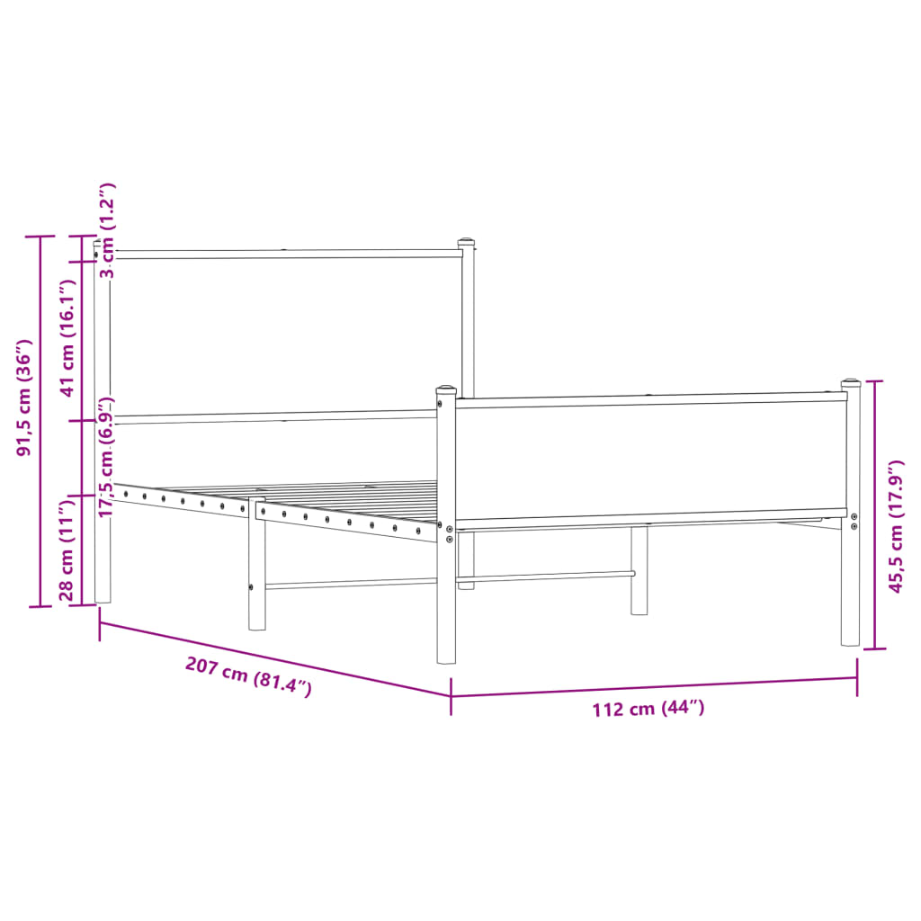 Metallbett ohne Matratze Sonoma-Eiche 107x203 cm