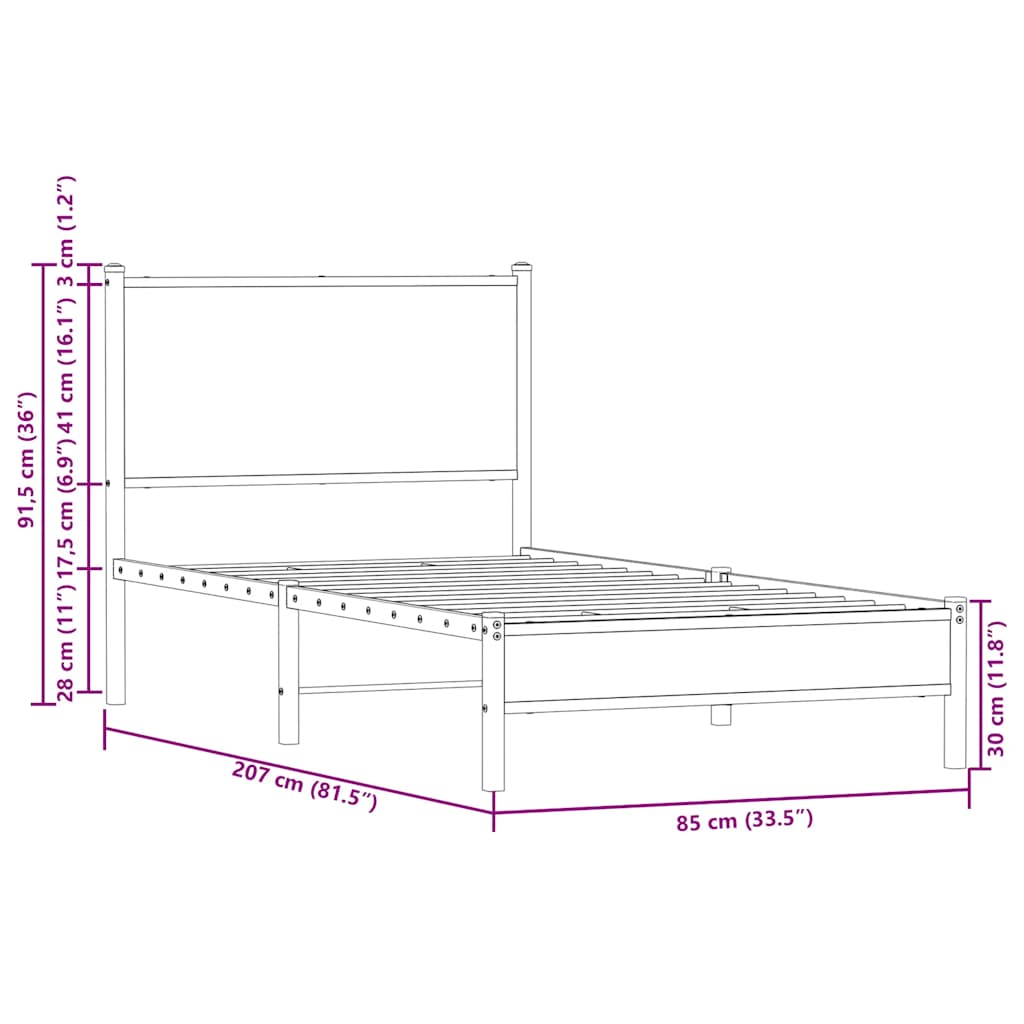 Metallbett ohne Matratze Braun Eichen-Optik 80x200 cm