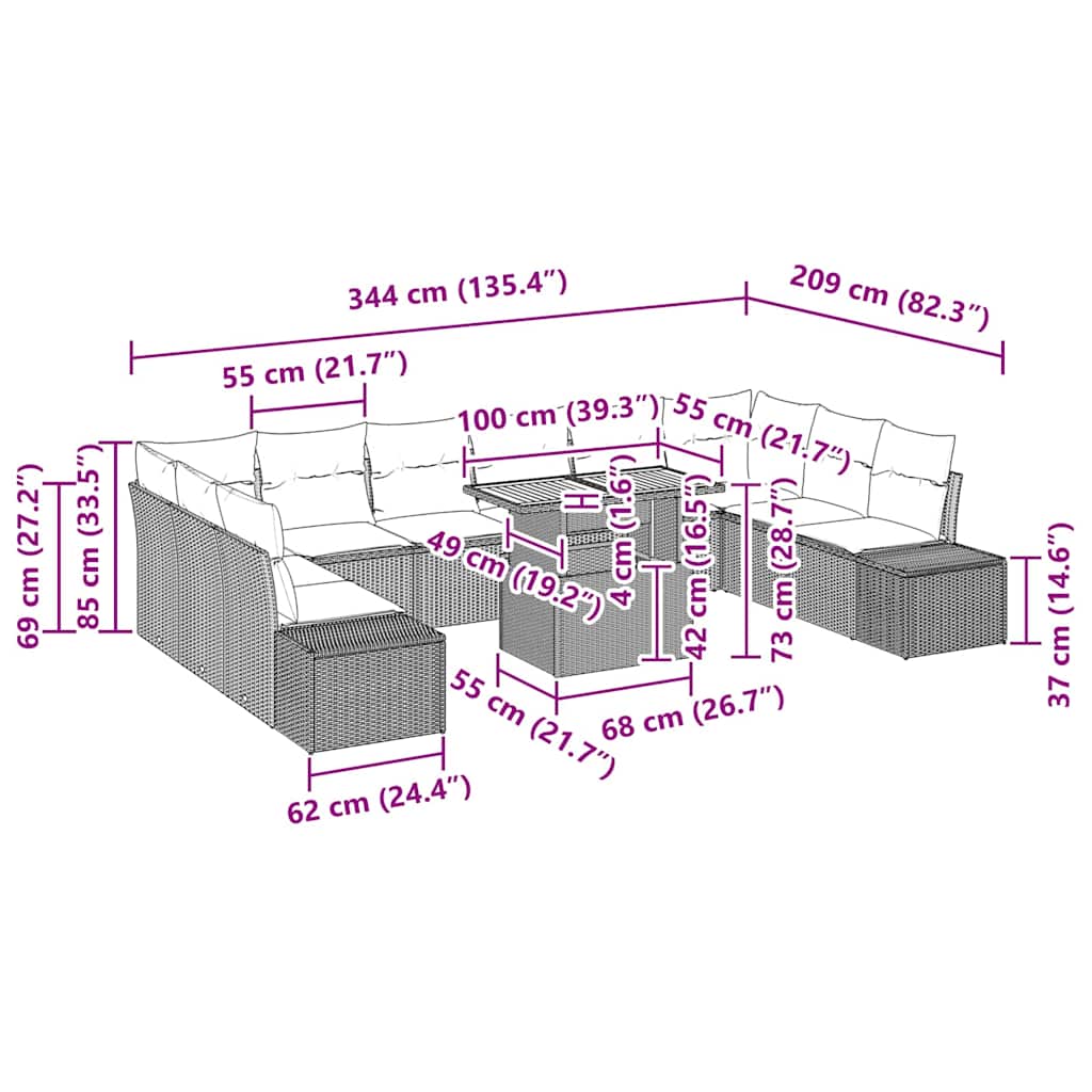 Garten-Sofa-Set mit Kissen 11 pcs Schwarz und Creme