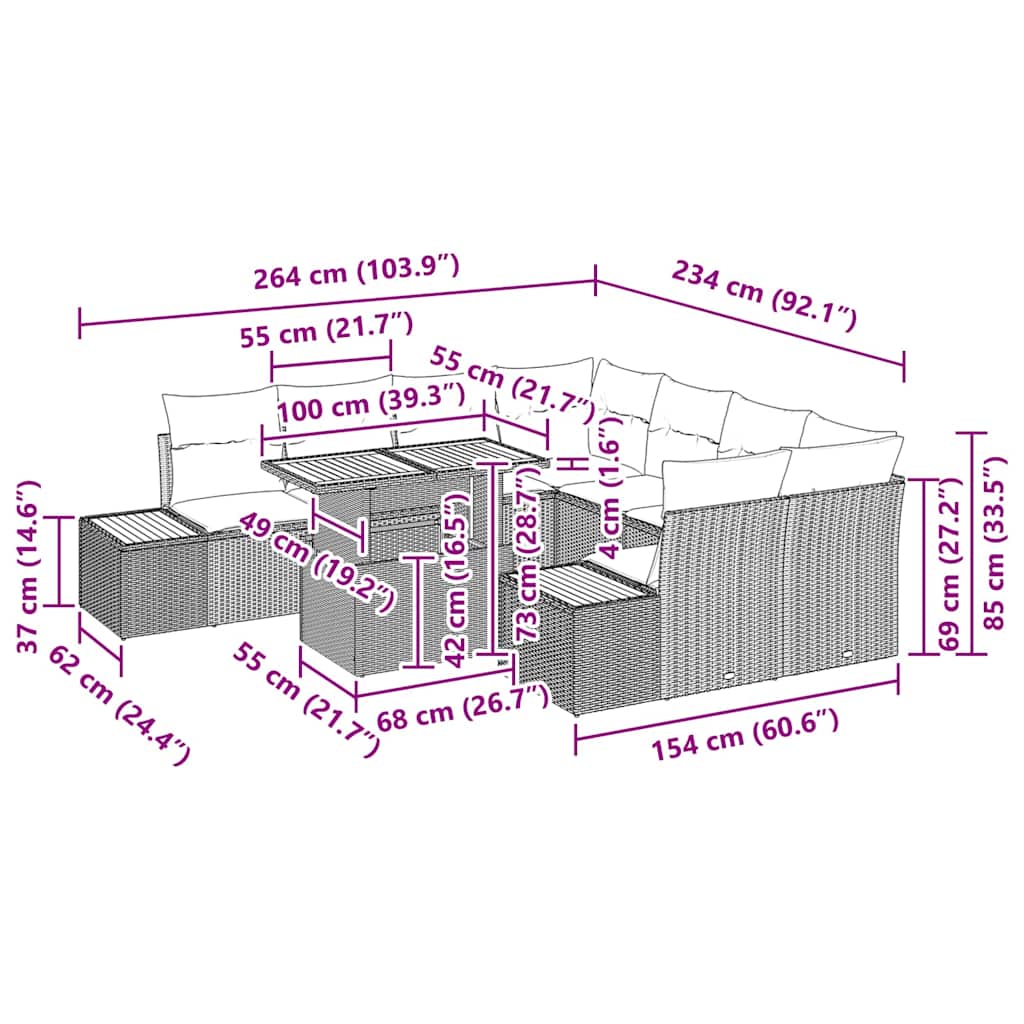Garten Essgruppe mit Kissen 9 pcs Grau und Braun