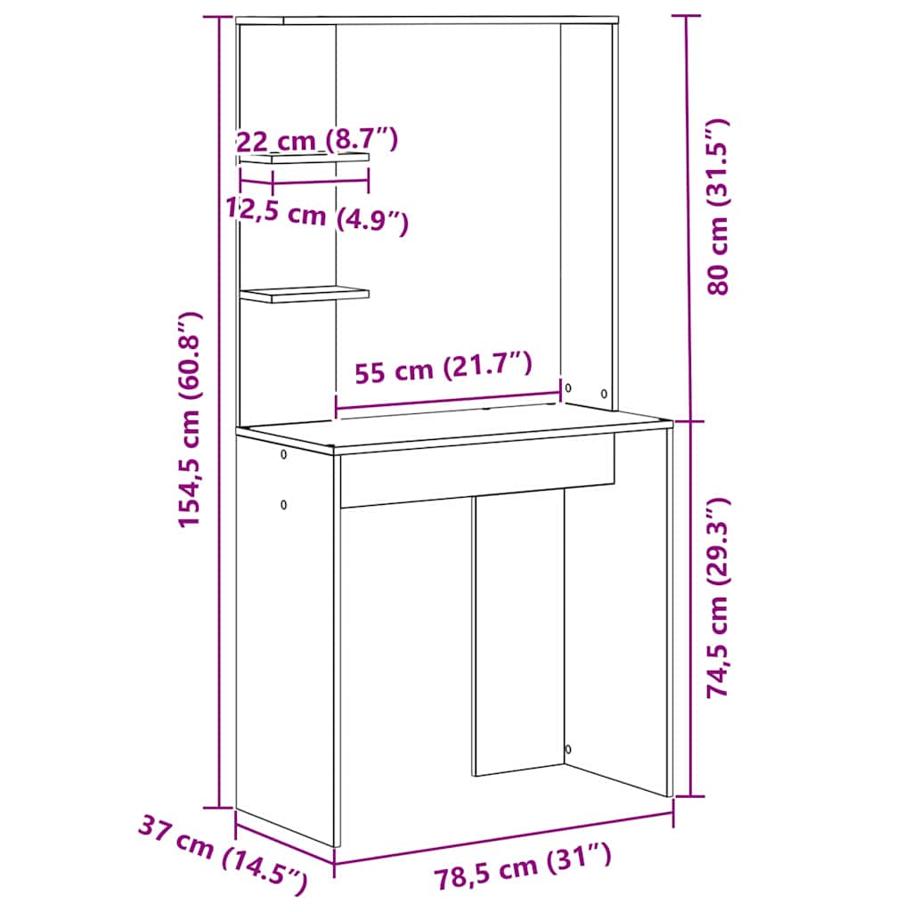 Schreibtisch mit Regal Geräucherte Eiche 78,5 x 37 x 154,5 cm