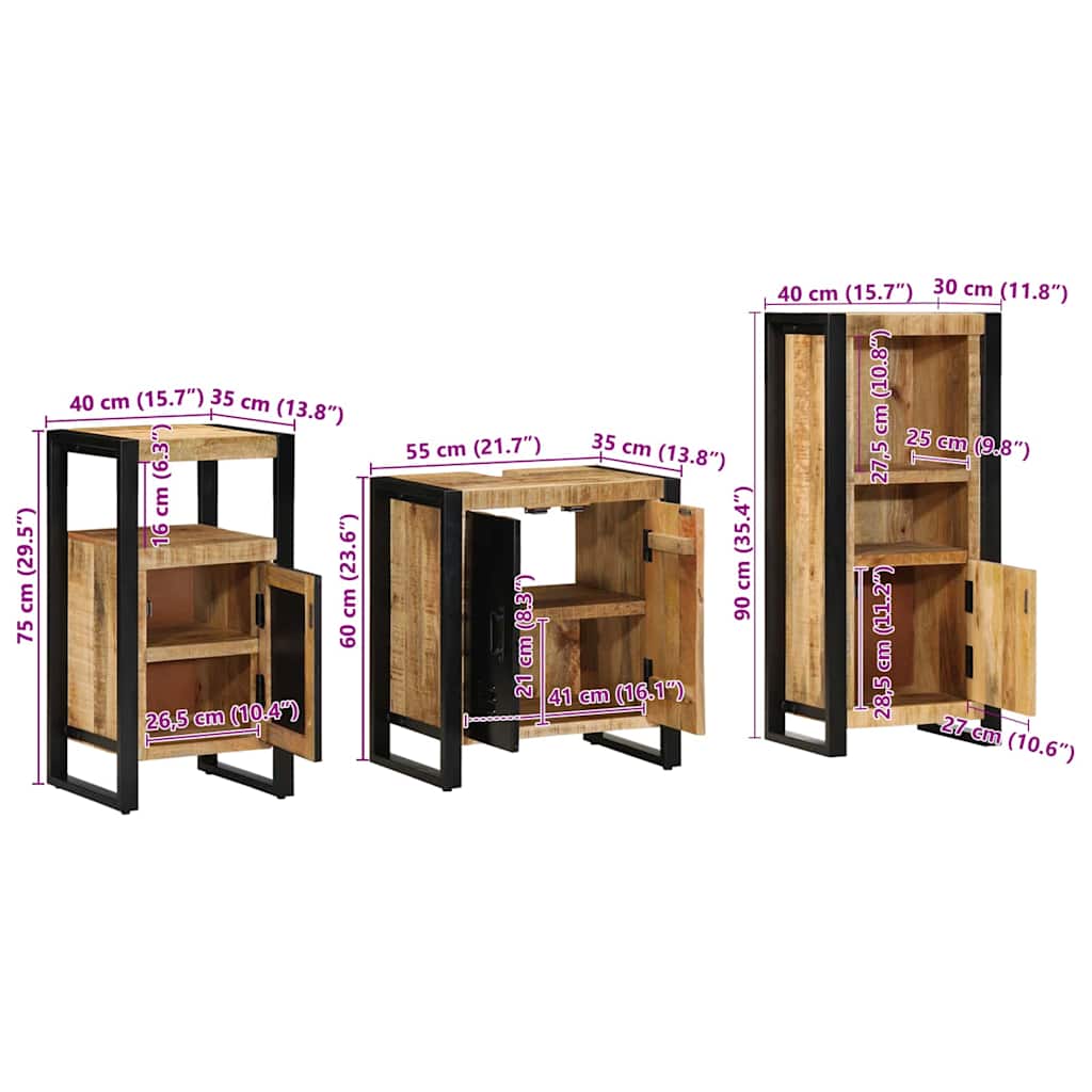 Badezimmermöbel-Set 3 pcs Braun und Schwarz Massivholz Mango