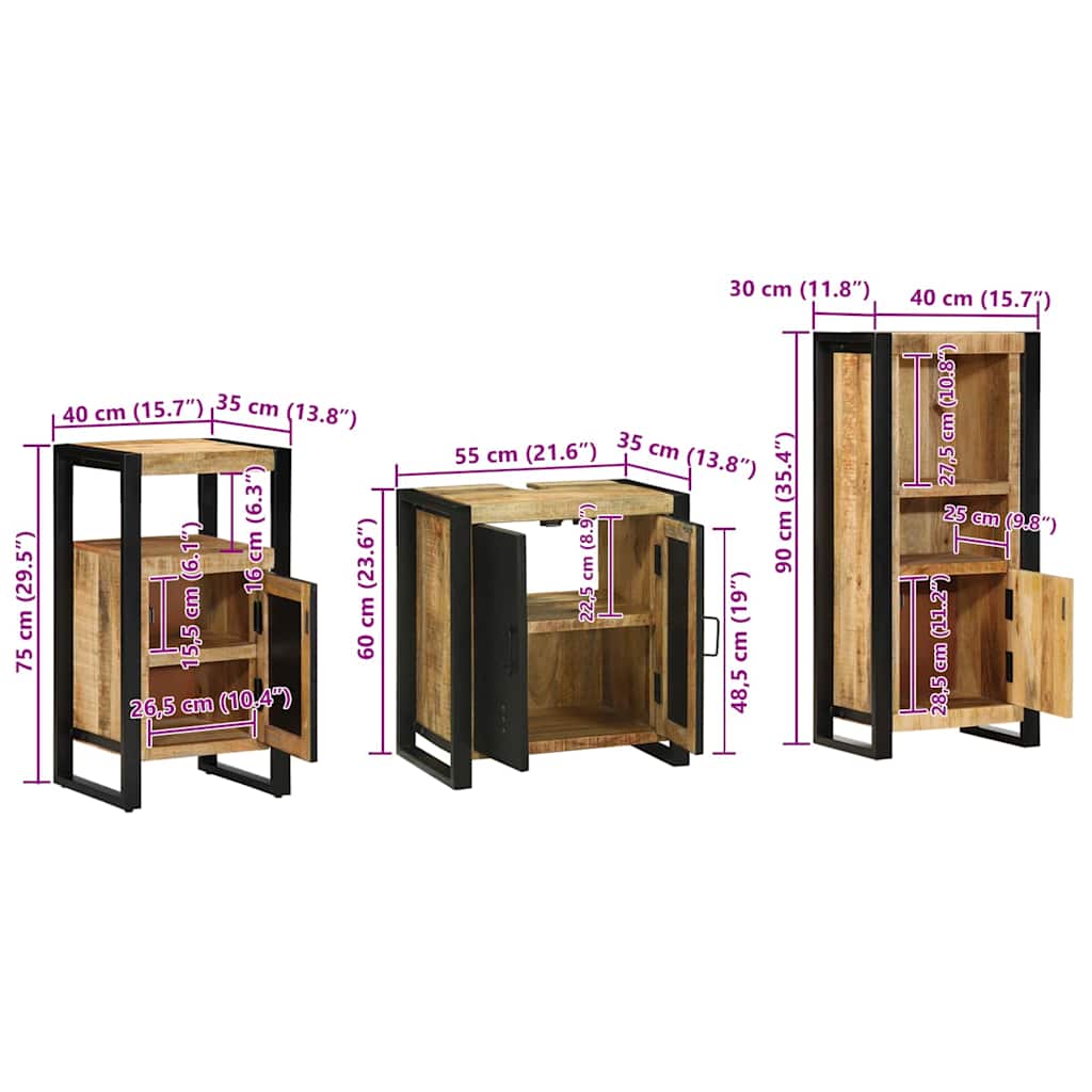 Badezimmermöbel-Set 3 pcs Braun und Schwarz Massivholz Mango