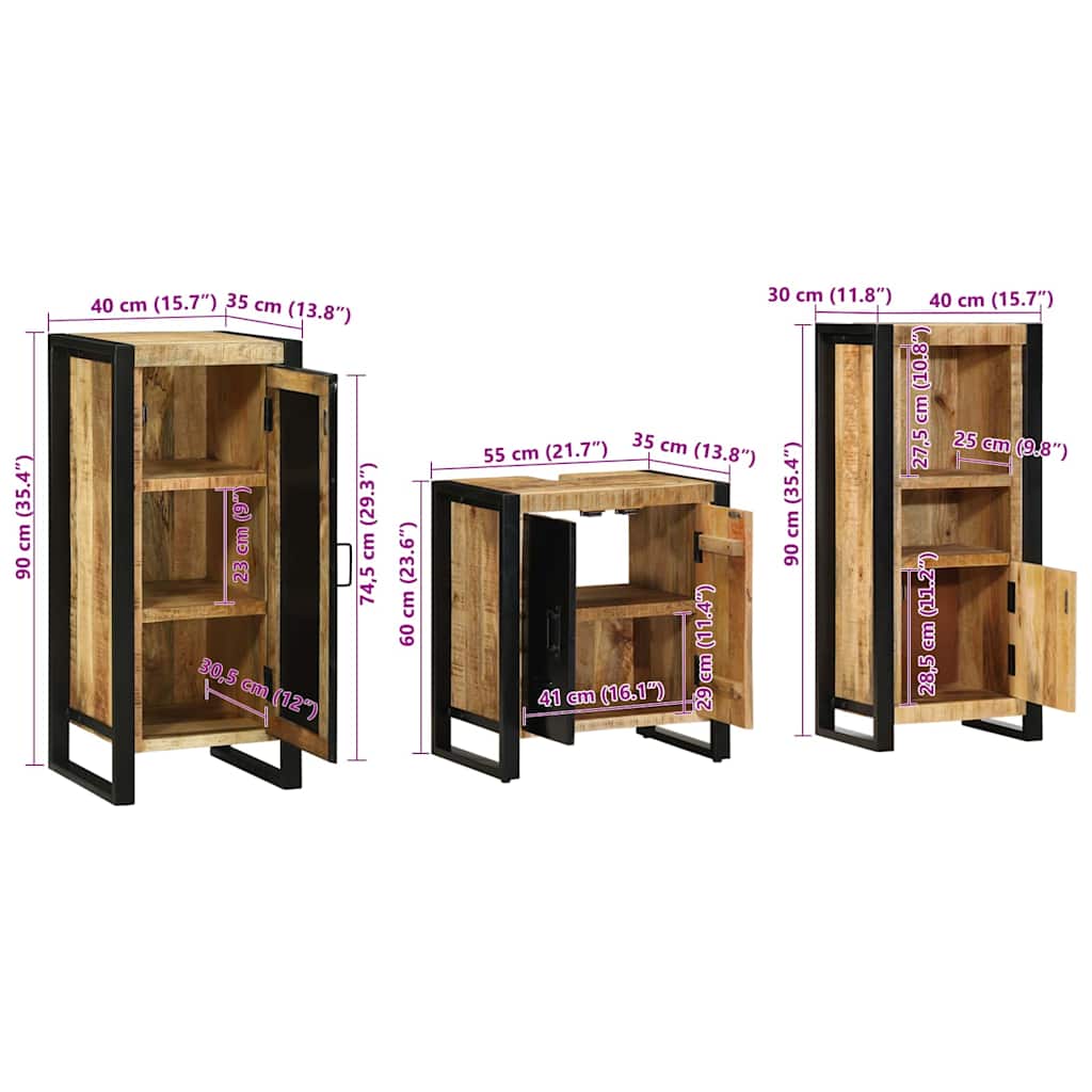 Badezimmermöbel-Set 3 pcs Braun und Schwarz Massivholz Mango