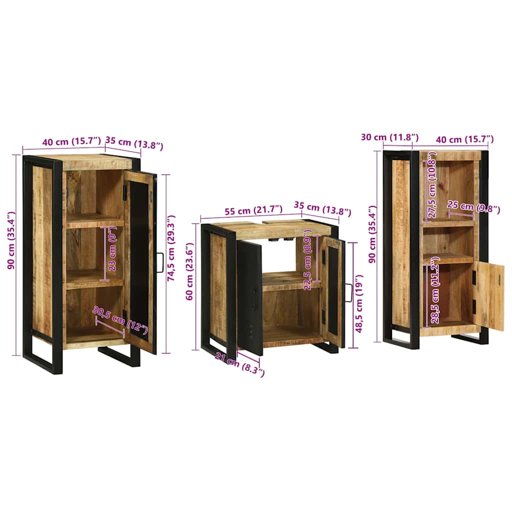 Badezimmermöbel-Set 3 pcs Braun und Schwarz Massivholz Mango