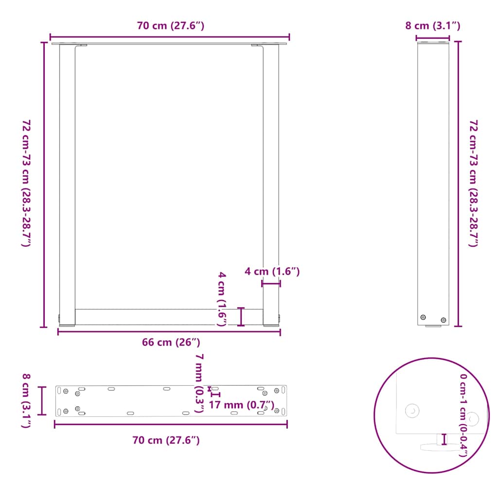 Esstischbeine U-Form 2 Stk. Naturstahl 70x(72-73) cm Stahl