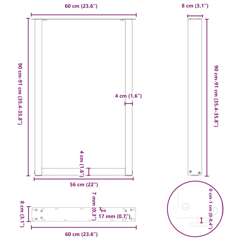 Bartischbeine U-Form 2 Stk. Naturstahl 60x(90-91) cm Stahl