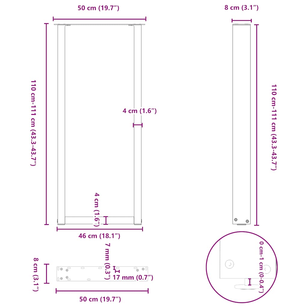 Bartischbeine U-Form 2 Stk. Schwarz 50x(110-111) cm Stahl
