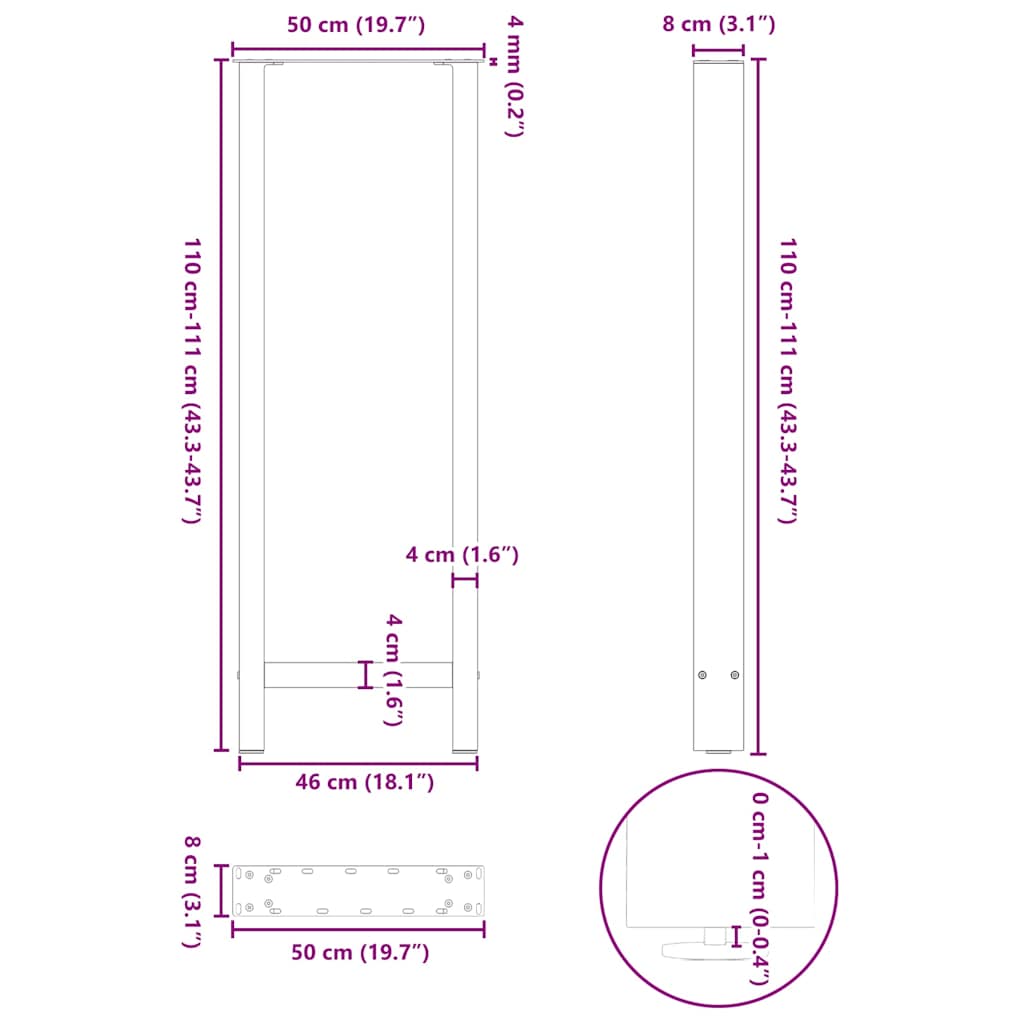 Bartischbeine Naturstahl 2 Stk. 50x(110-111) cm Stahl