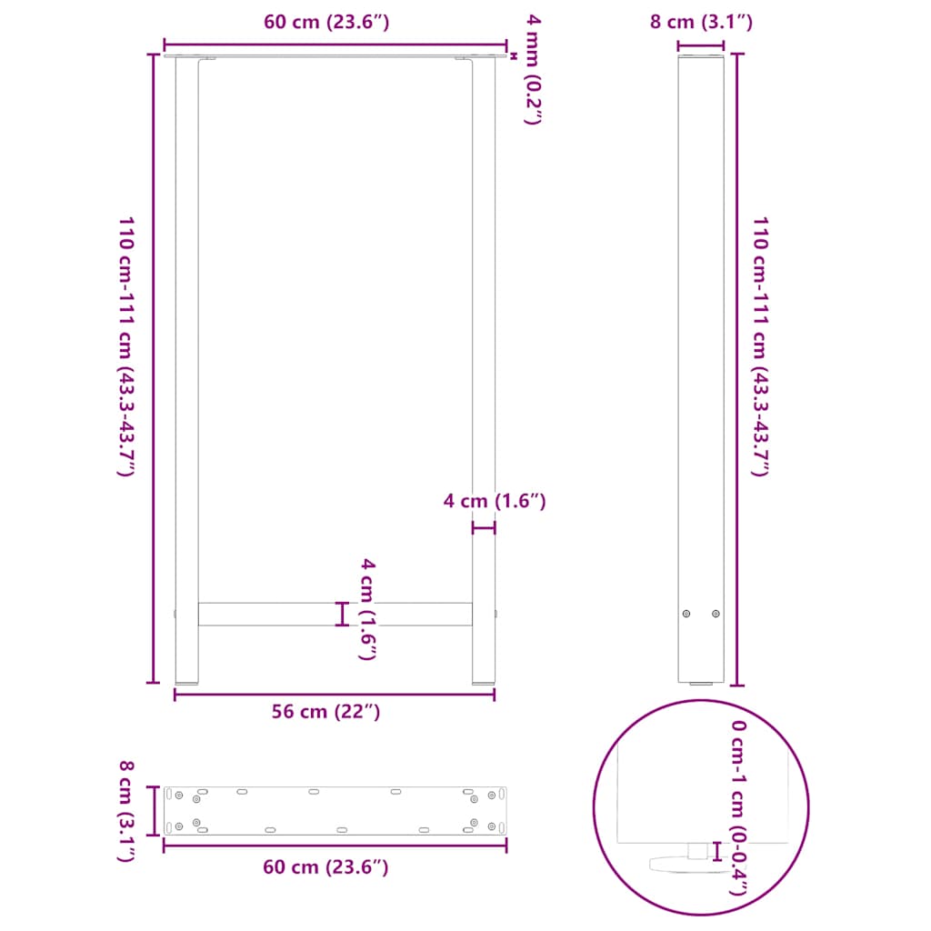 Bartischbeine Weiß 2 Stk. 60x(110-111) cm Stahl