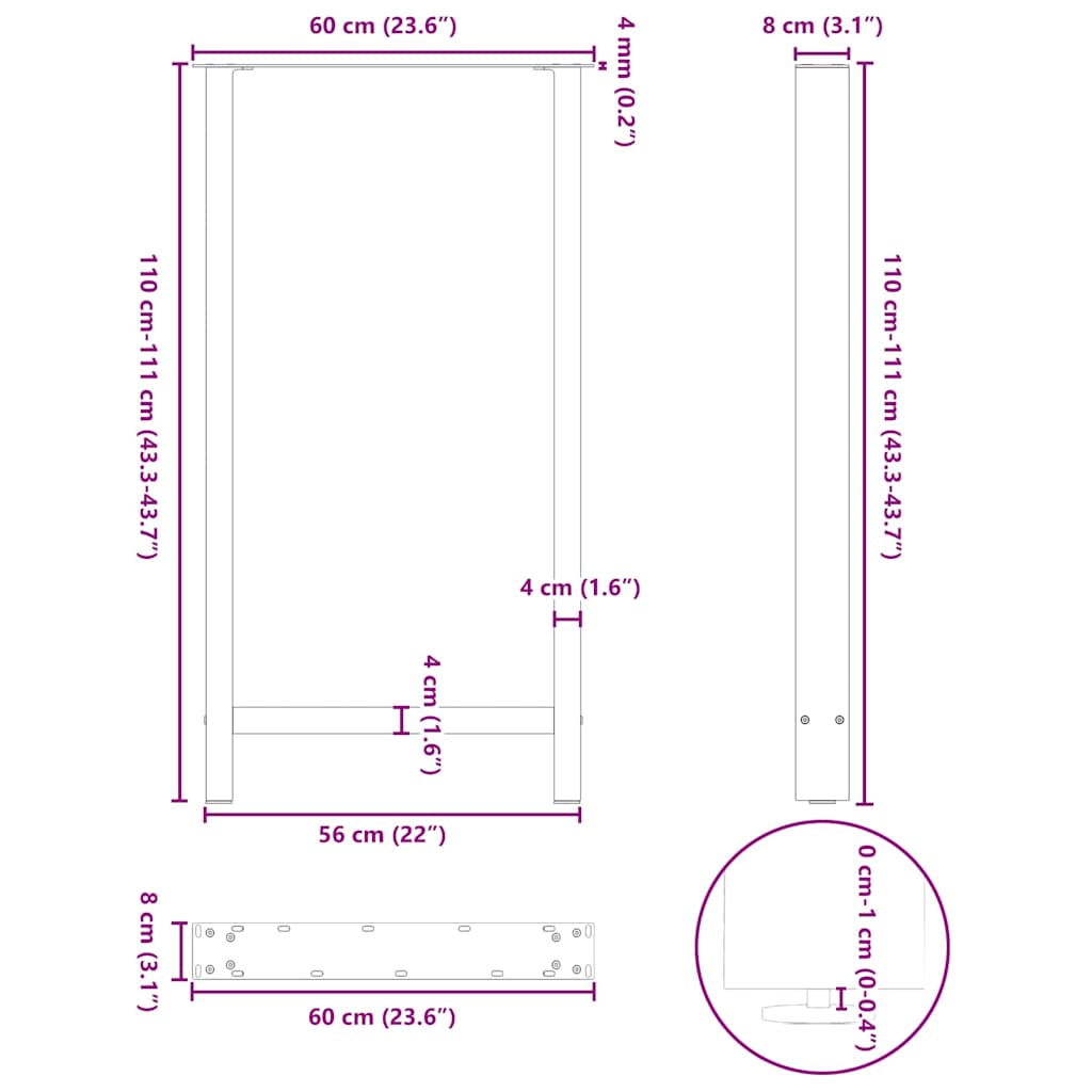 Bartischbeine Naturstahl 2 Stk. 60x(110-111) cm Stahl