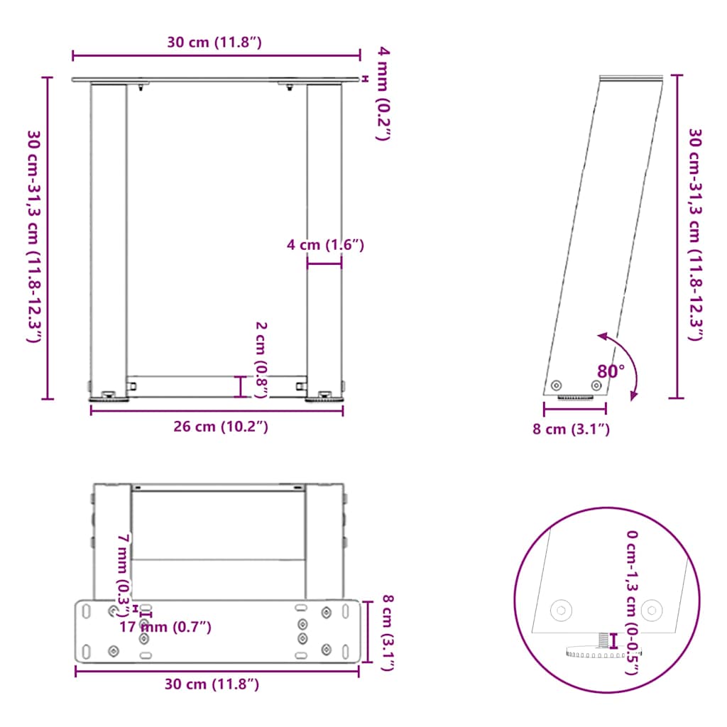 Couchtischbeine U-Form 2 Stk. Anthrazit 30x(30-31) cm Stahl