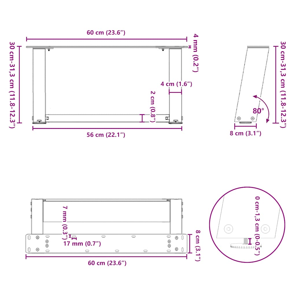 Couchtischbeine U-Form 2 Stk. Anthrazit 60x(30-31) cm Stahl