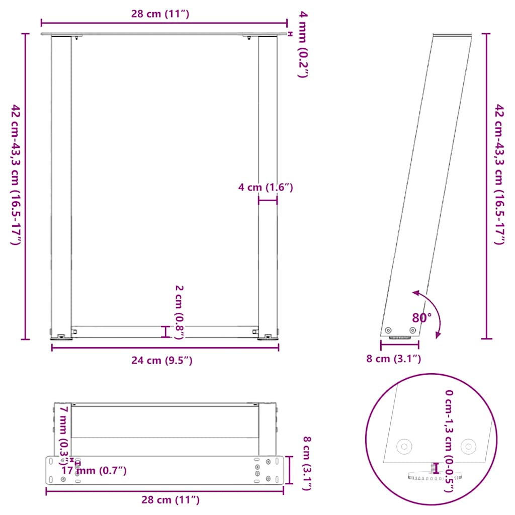 Couchtischbeine U-Form 2 Stk. Naturstahl 28x(42-43) cm Stahl
