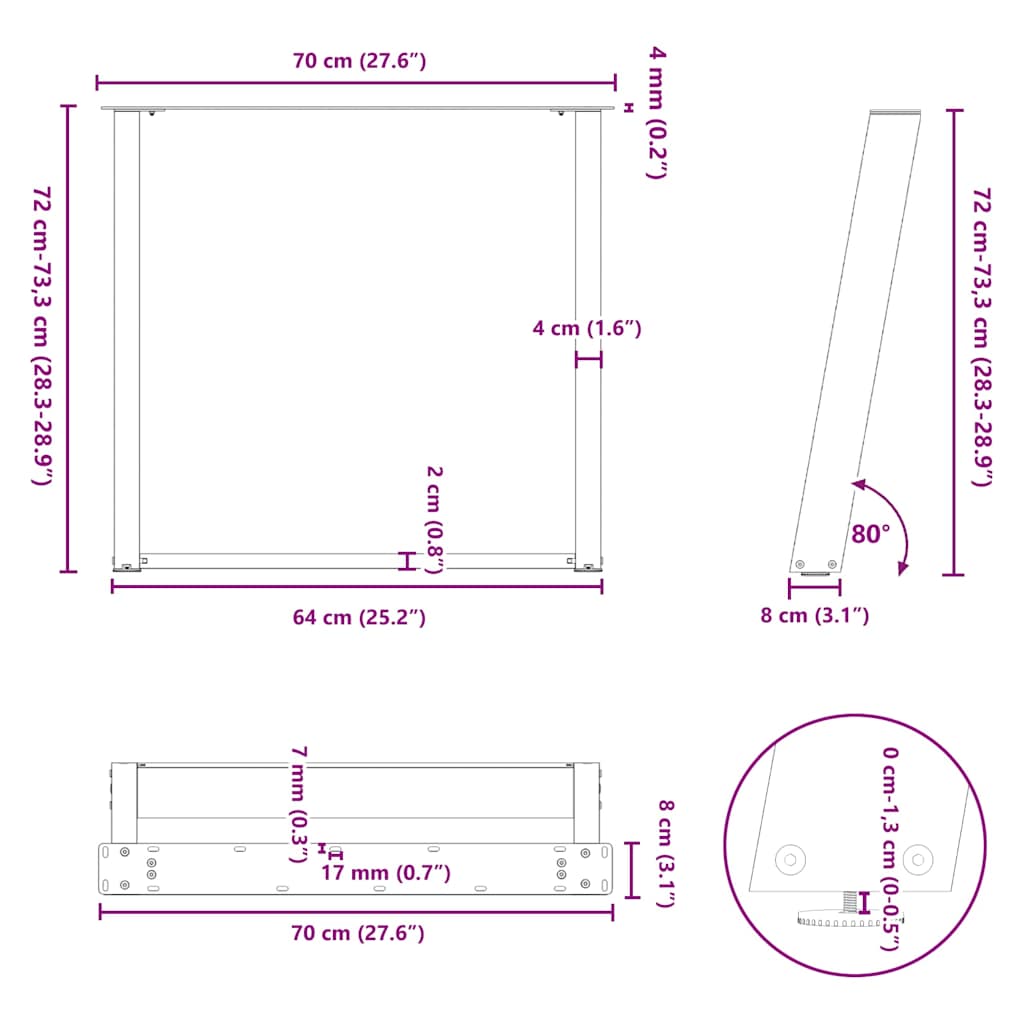 Esstischbeine U-Form 2 Stk. Naturstahl 70x(72-73) cm Stahl