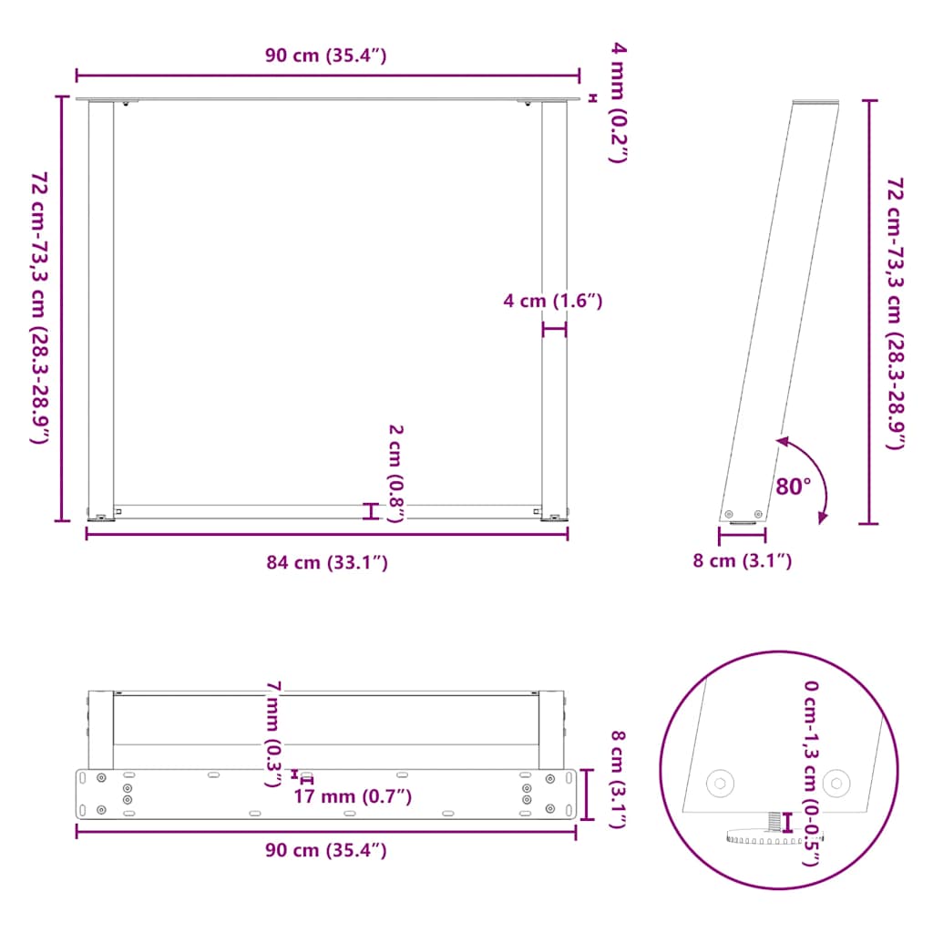 Esstischbeine U-Form 2 Stk. Naturstahl 90x(72-73) cm Stahl