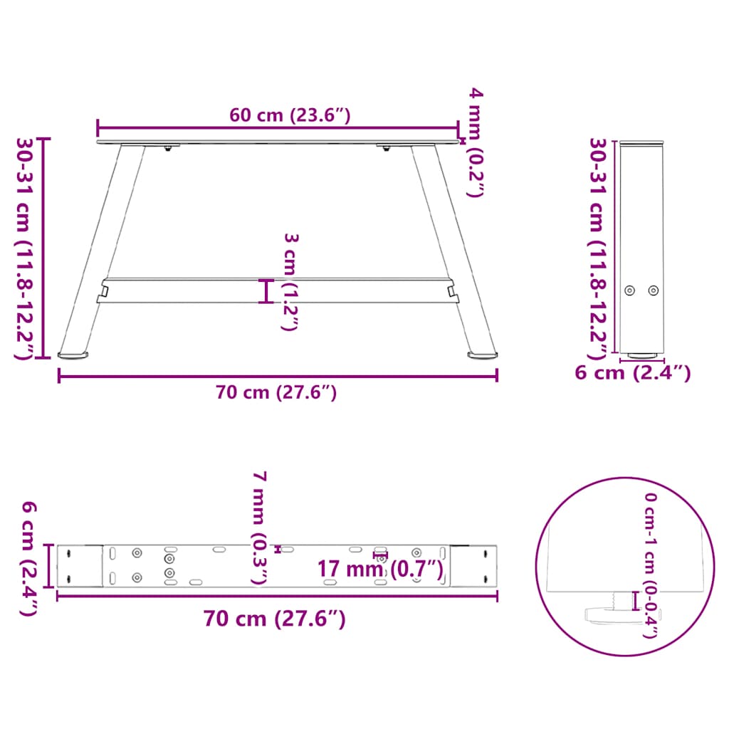 Couchtischbeine A-Form 2 Stk. 70x(30-31) cm Stahl