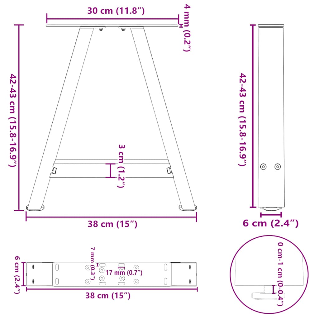 Couchtischbeine A-Form 2 Stk. 38x(42-43) cm Stahl