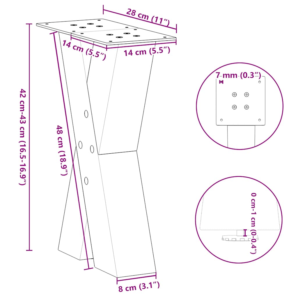 Couchtischbeine X-Form 2 Stk. Naturstahl 28x(42-43) cm Stahl