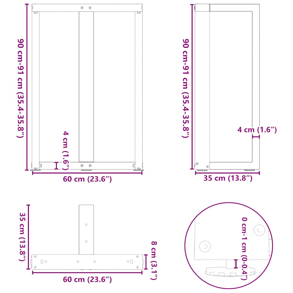 Bartischbeine T-Form 2 Stk. Naturstahl 60x35x(90-91) cm Stahl