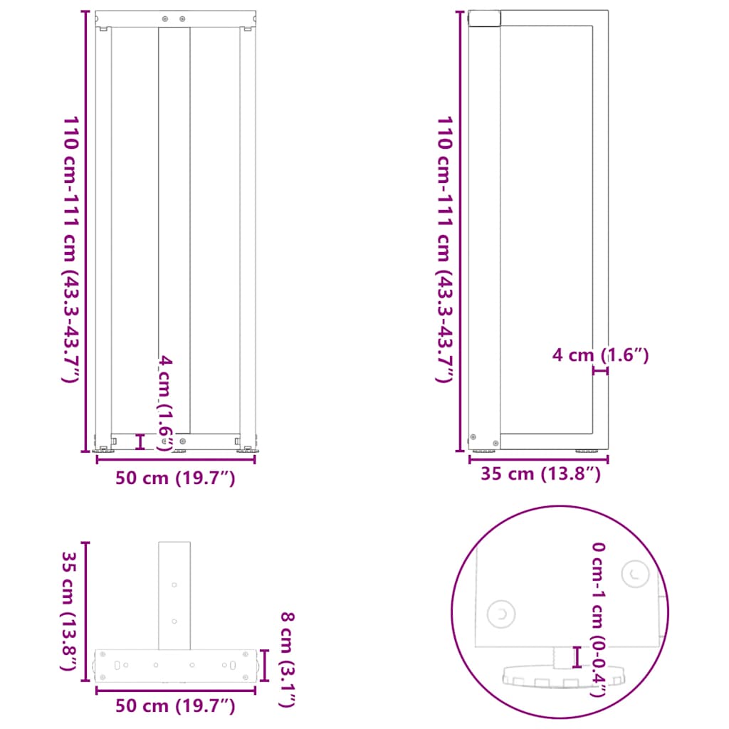 Bartischbeine T-Form 2 Stk. Naturstahl 50x35x(110-111) cm Stahl