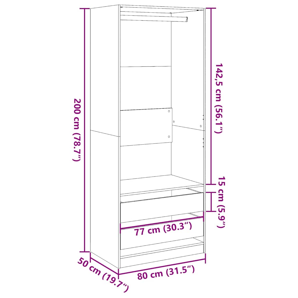 Kleiderschrank Räuchereiche 80x50x200 cm Holzwerkstoffs