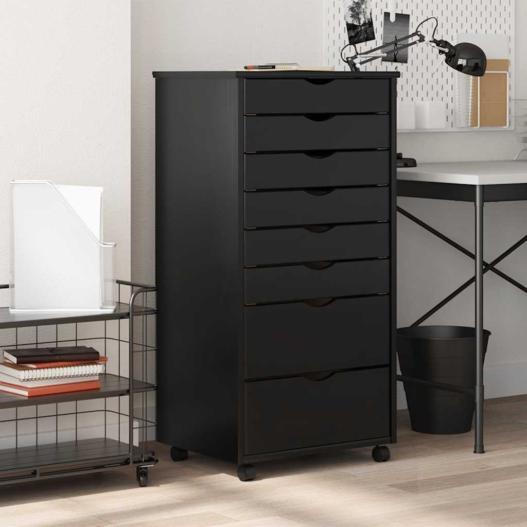 Rollschrank mit Schubladen MOSS Schwarz Massivholz Kiefer