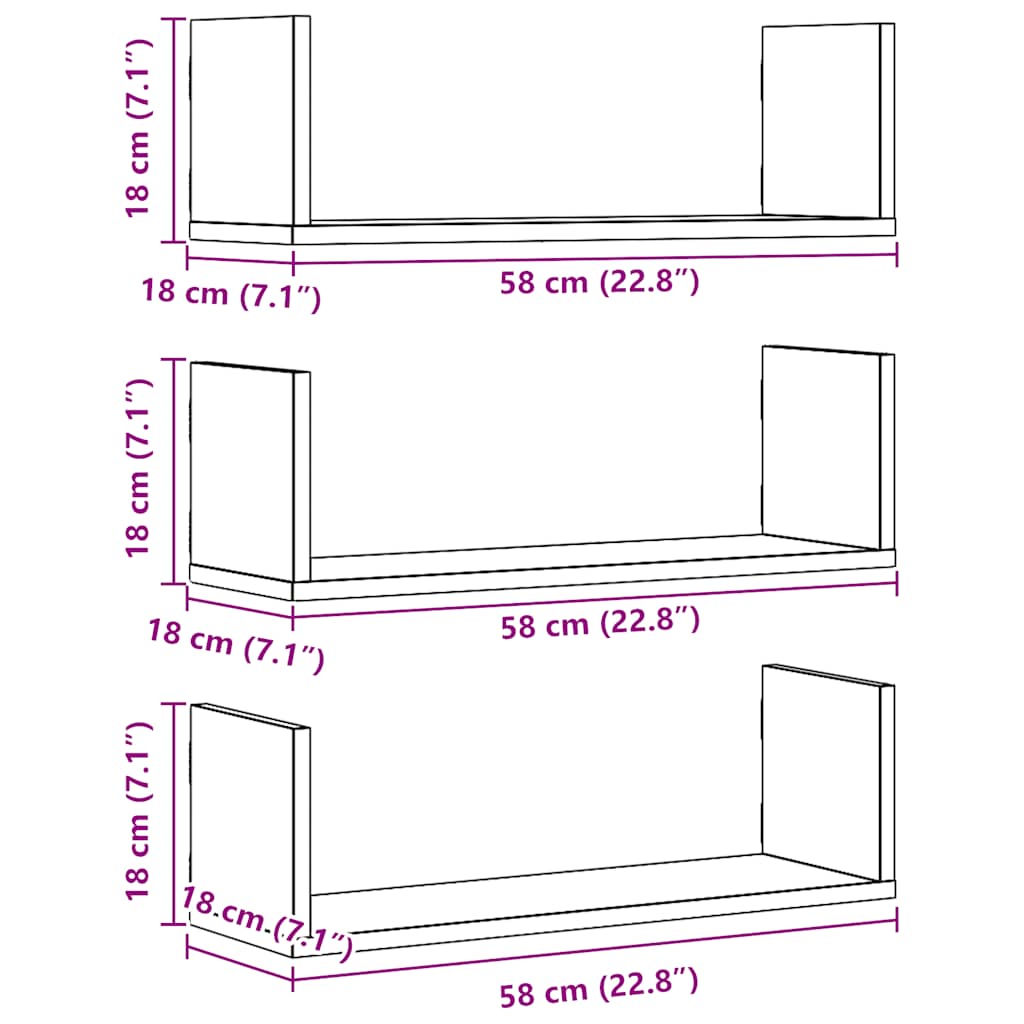 Wandregale 3 Stk. Artisan-Eiche 58x18x18 cm Holzwerkstoff