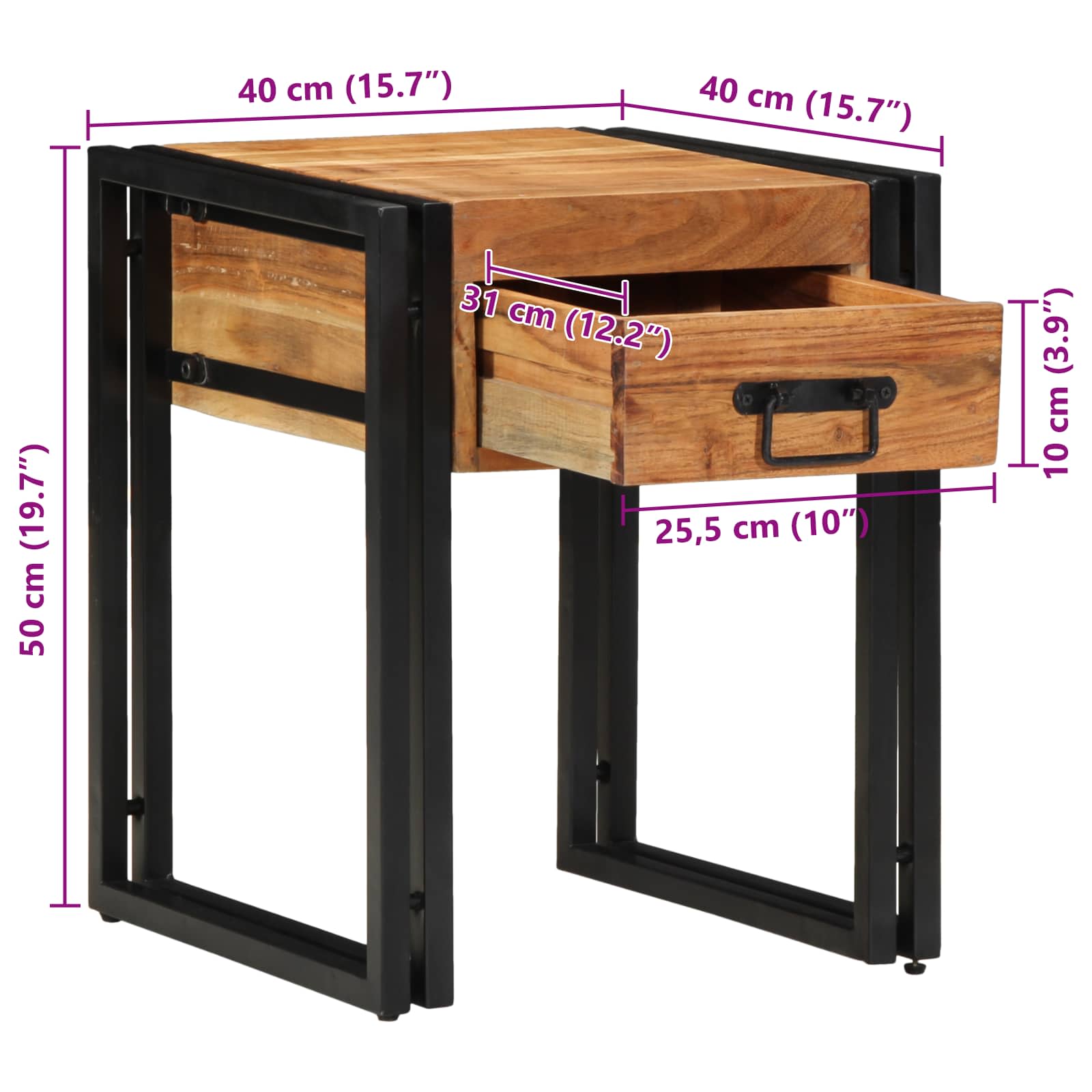 Beistelltisch mit Schubladen 40 x 40 x 50 cm Massivholz Akazie
