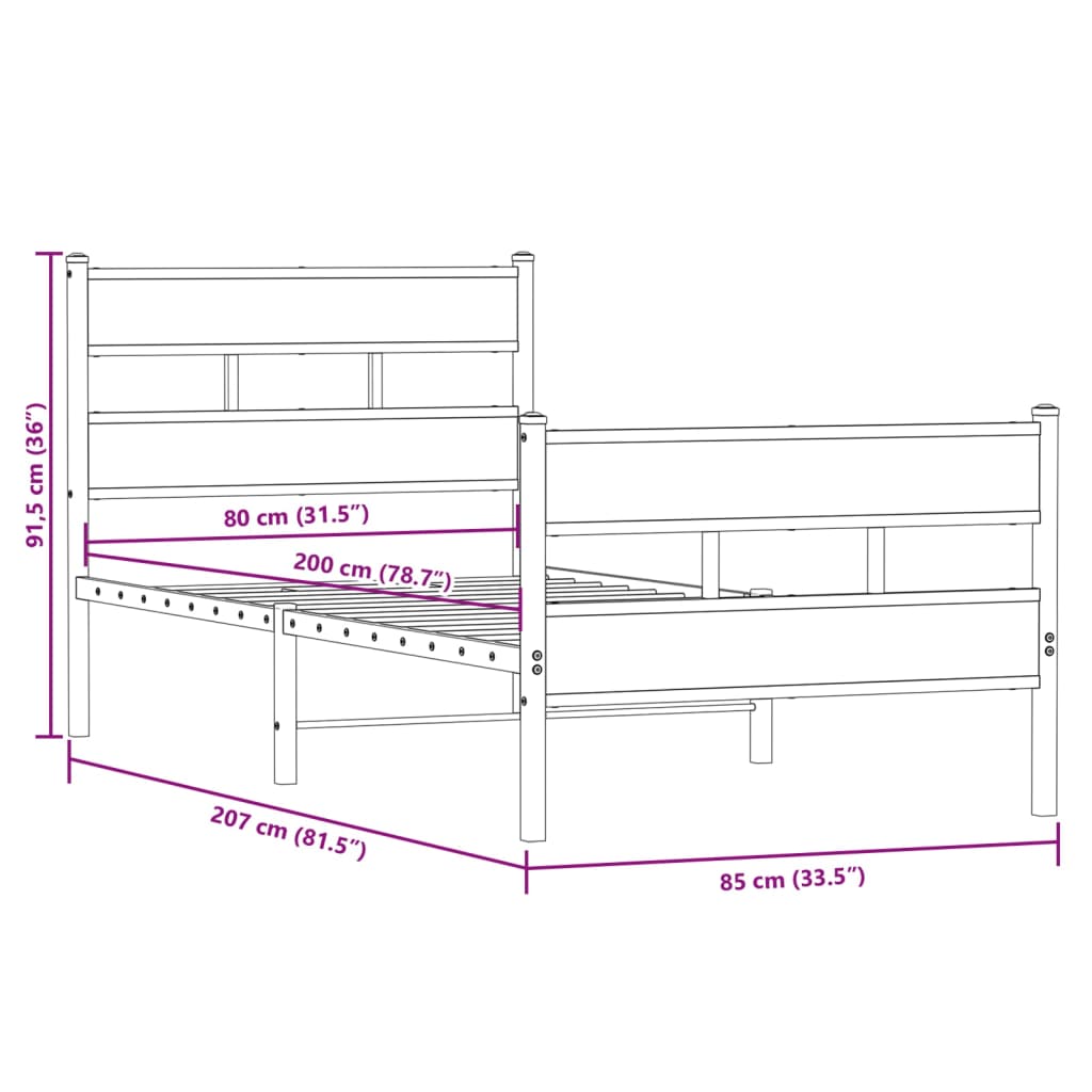Metallbett ohne Matratze Sonoma-Eiche 80x200 cm