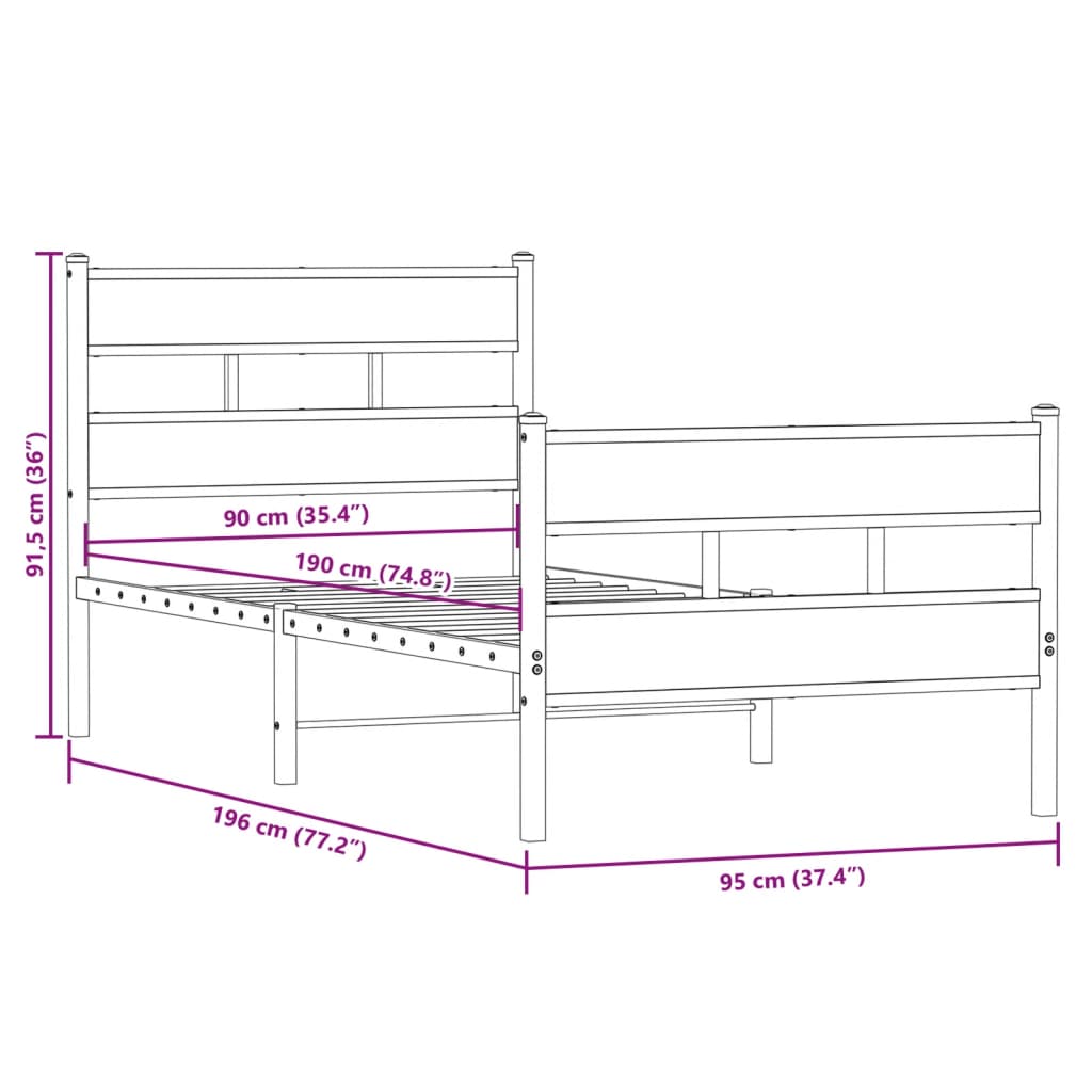 Metallbett ohne Matratze Sonoma-Eiche 90x190 cm