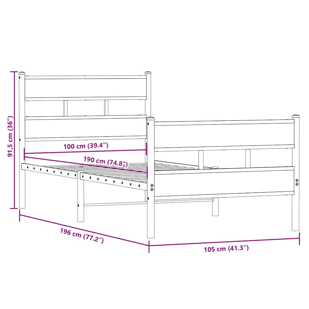 Metallbett ohne Matratze Sonoma-Eiche 100x190 cm