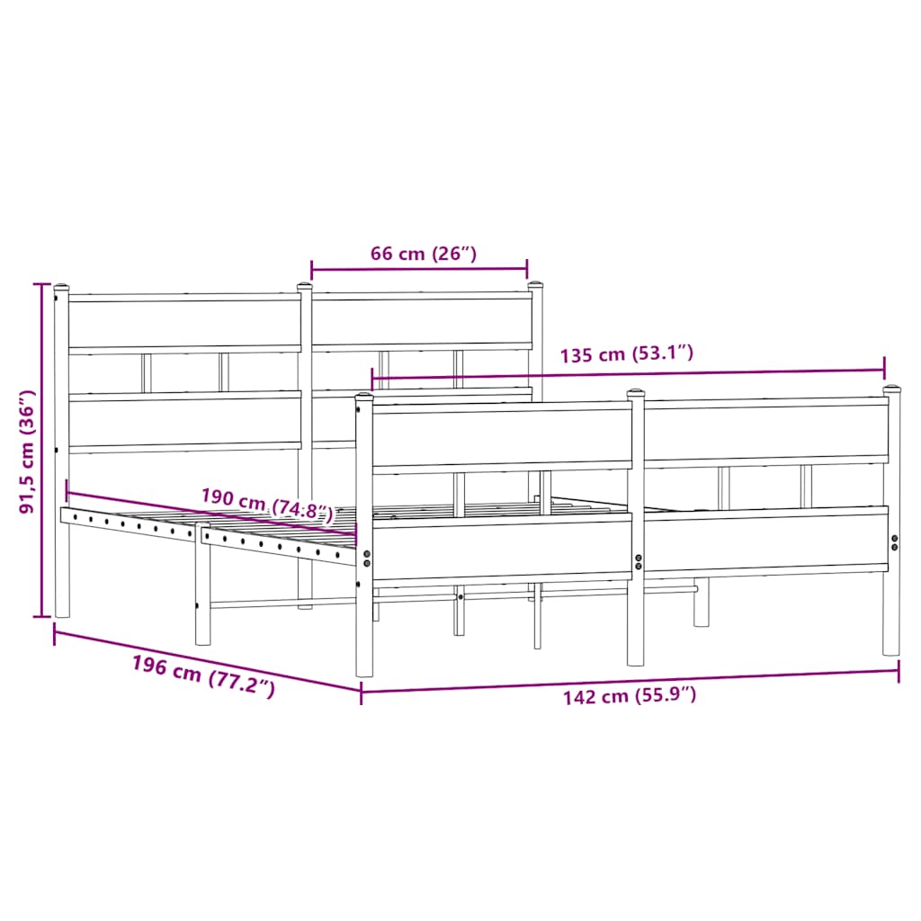 Metallbett ohne Matratze Sonoma-Eiche 135x190 cm