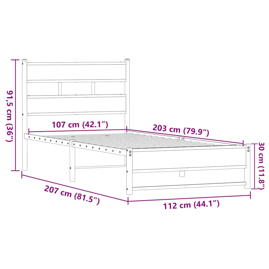 Metallbett ohne Matratze Eichen-Optik 107x203 cm