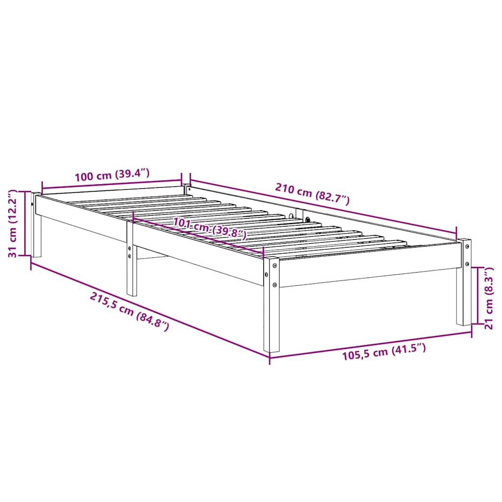 Massivholzbett Extra Lang ohne Matratze Weiß 100x210 Kieferholz