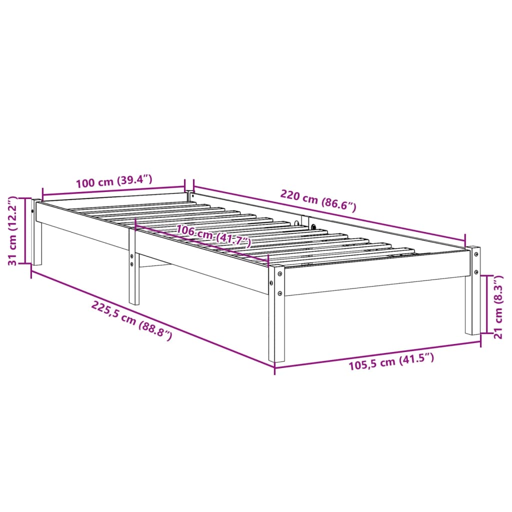 Massivholzbett Extra Lang ohne Matratze 100x220 cm Kiefernholz