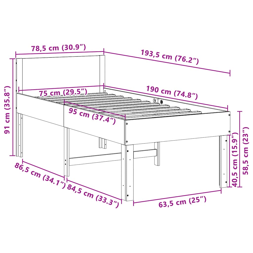 Massivholzbett ohne Matratze 75x190 cm Kiefernholz