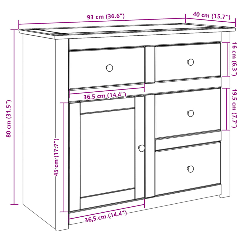 Sideboard mit Schubladen PANAMA 93x40x80 cm Massivholz Kiefer