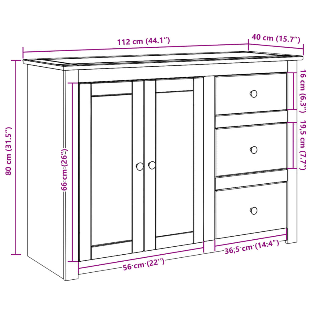 Sideboard mit Schubladen PANAMA 112x40x80 cm Massivholz Kiefer