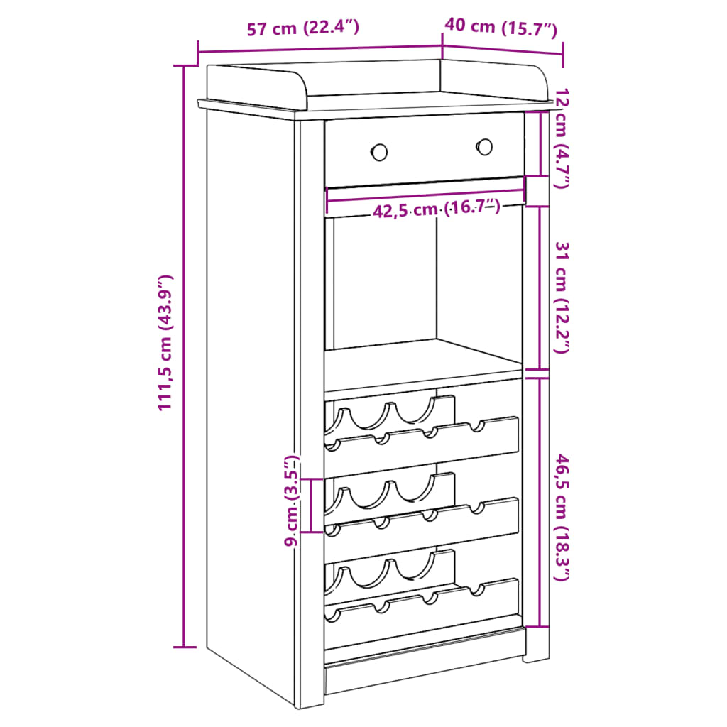 Weinschrank PANAMA 57x40x111,5 cm Massivholz Kiefer