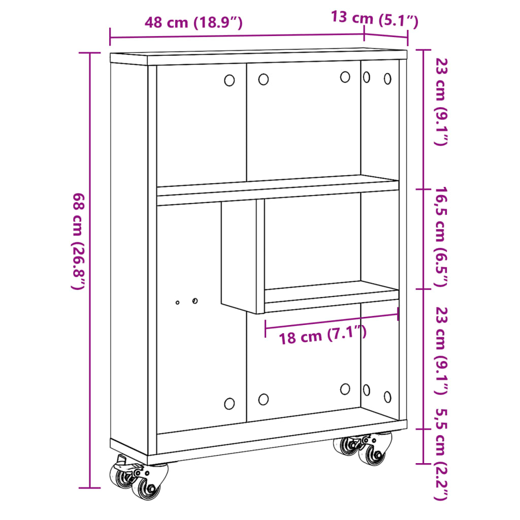 Schmaler Aufbewahrungswagen Sonoma-Eiche 48 x 13 x 68 cm Holzwerkstoff