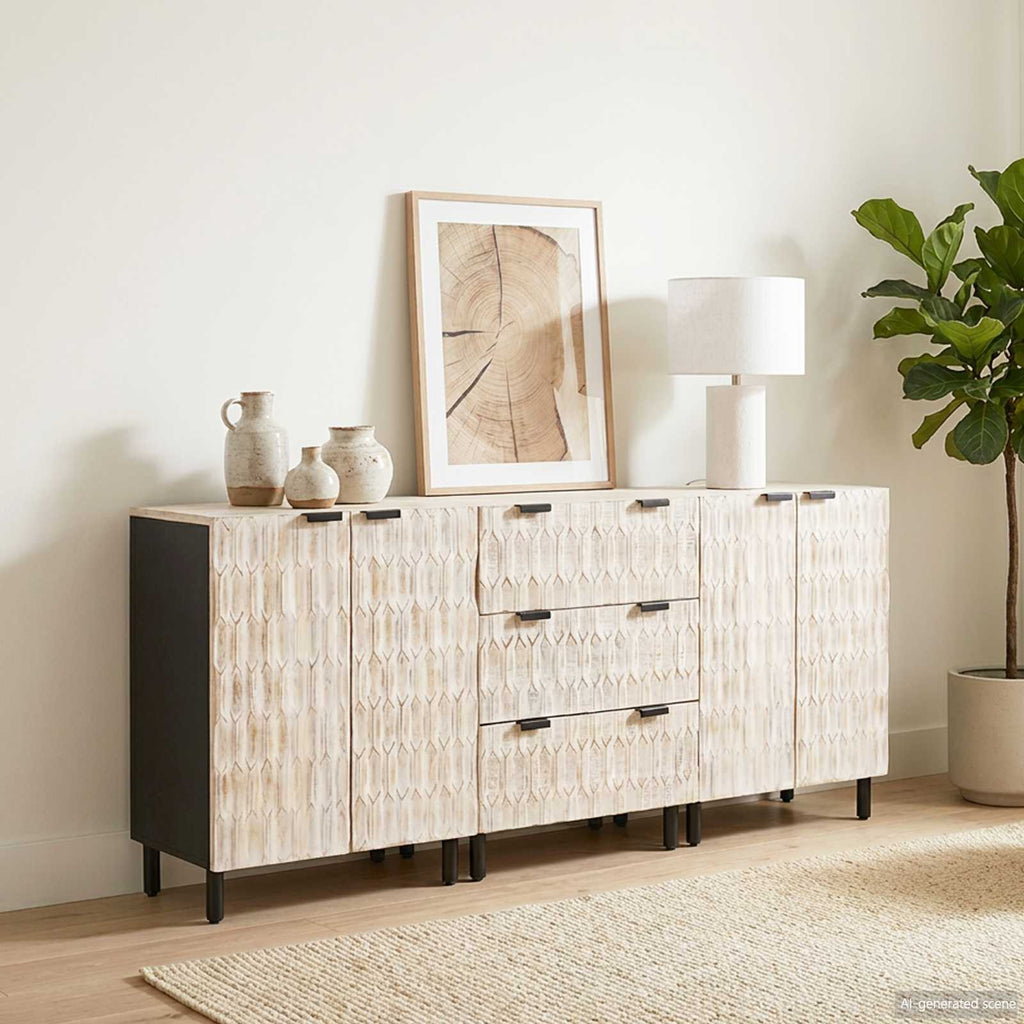 Sideboard 3 pcs Weiße gewaschene Oberfläche 180 x 33 x 75 cm